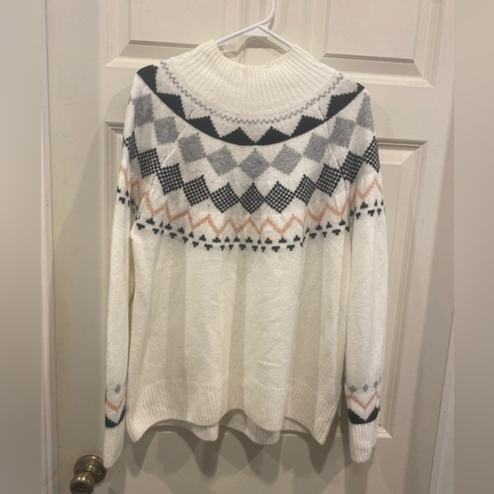 Vince Camuto Womens Fair Isle Mock Neck Sweater Ivory White Grey Black Size M